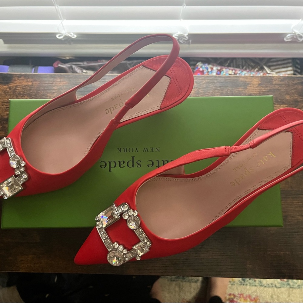 Kate Spade Renata Red Kitten Heels with Crystal Accents